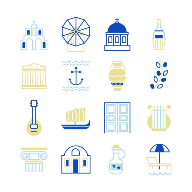 Trendy line Greece icons. Greece symbols in beautiful colours. For magazines, web, tourism. Travel to Greece elements. modern church logos stock illustrations