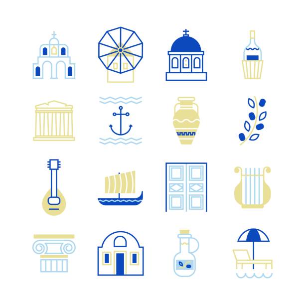 Trendy line Greece icons. Greece symbols in beautiful colours. For magazines, web, tourism. Travel to Greece elements. santorini stock illustrations