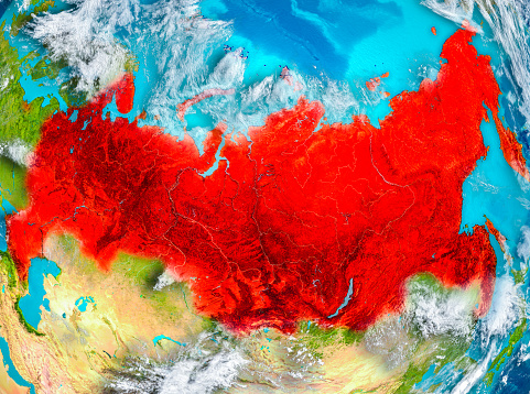 Russia highlighted in red on planet Earth. 3D illustration. Elements of this image furnished by NASA. 3D model of planet created and rendered in Cheetah3D software, 7 Dec 2017. URL of the source map: https://visibleearth.nasa.gov/view.php?id=57752