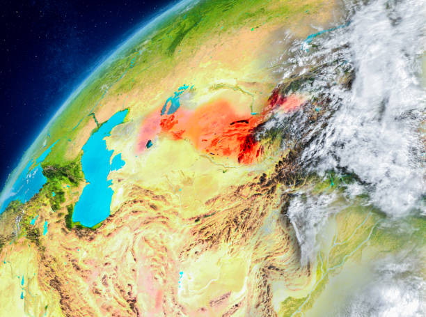 istock Space view of Uzbekistan in red 891953578