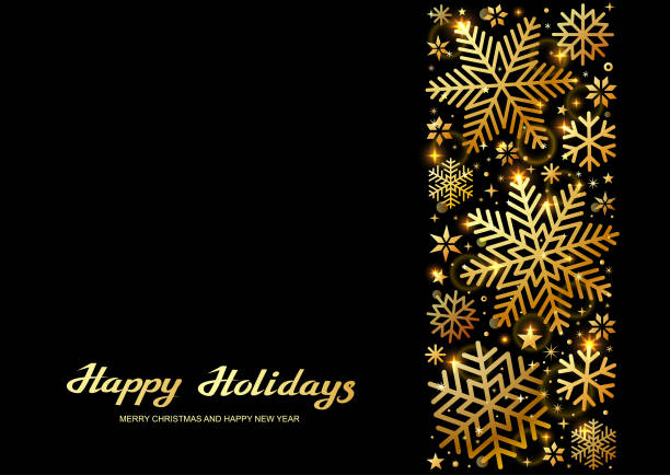 ilustraciones, imágenes clip art, dibujos animados e iconos de stock de feliz navidad y feliz año nuevo tarjeta de felicitación con copos de nieve de oro - christmas present christmas card powder snow snowing