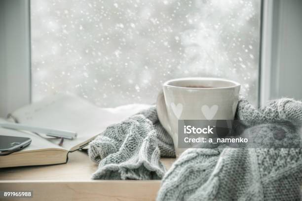 Winter Cozy Hot Chocolate Stock Photo - Download Image Now - Winter, Cozy, Window