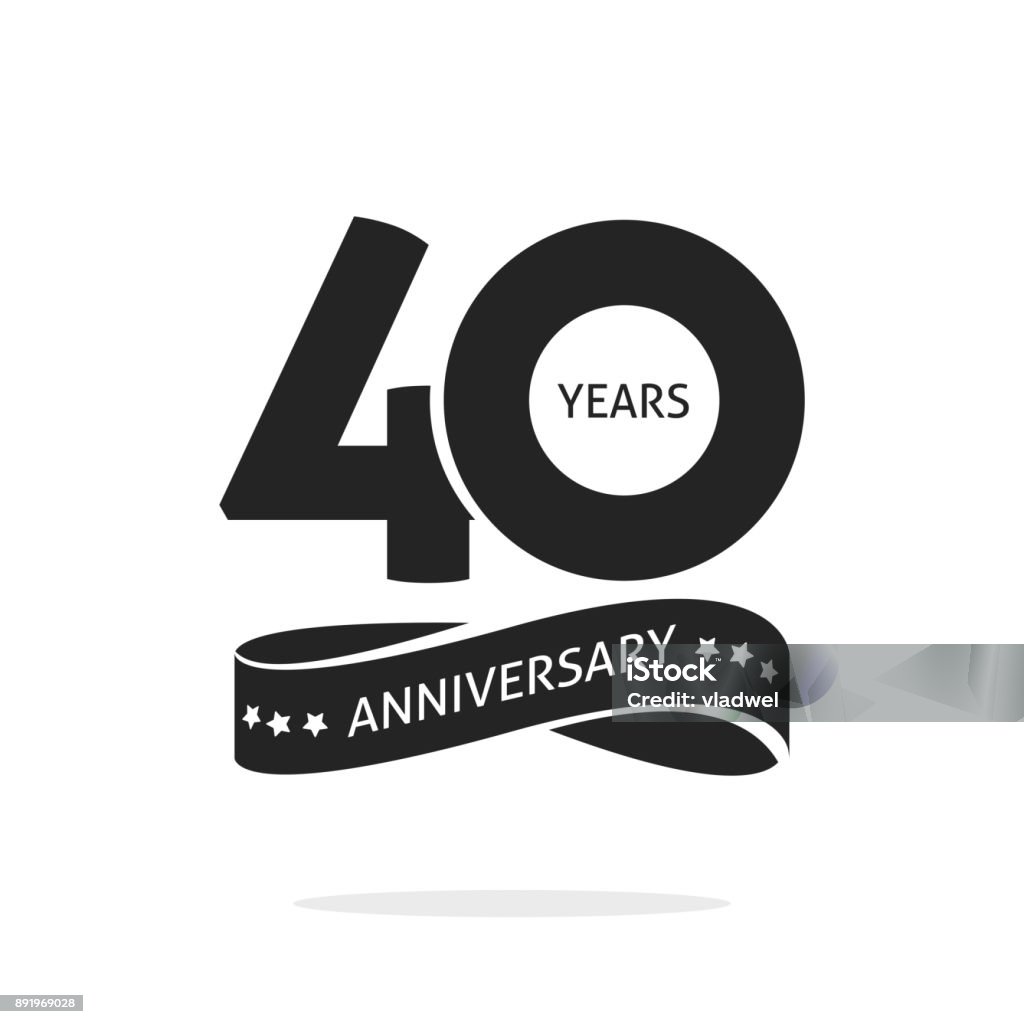 plantilla de logotipo de aniversario de 40 años aislado, sello blanco y negro 40 aniversario icono la etiqueta con cinta, símbolo del sello del cumpleaños cuarenta años - arte vectorial de Número 40 libre de derechos