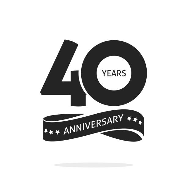 ilustraciones, imágenes clip art, dibujos animados e iconos de stock de plantilla de logotipo de aniversario de 40 años aislado, sello blanco y negro 40 aniversario icono la etiqueta con cinta, símbolo del sello del cumpleaños cuarenta años - invitacional