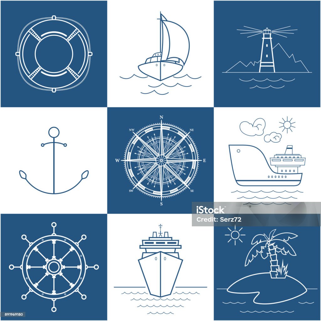 Set of Marine Icons Set of Marine Icons , Sailing Vessel , Anchor, Ship Wheel with Lifebuoy and Compass Rose , Lighthouse with Cruise Liner and Tropical Island , Travel and Tourism Concept, Vector Illustration Compass Rose stock vector