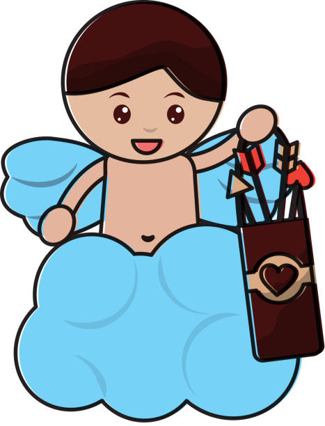 niedliche amor engel liebe hält tasche pfeil wolke - angel cherub heart shape smiling stock-grafiken, -clipart, -cartoons und -symbole