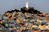 Coit Tower on Telegraph Hill as seen from Russian Hill at Dusk.