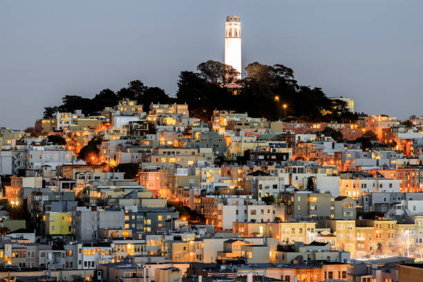 coit tower on telegraph hill, como visto de russian hill, ao entardecer. - tower coit tower san francisco bay area san francisco county - fotografias e filmes do acervo