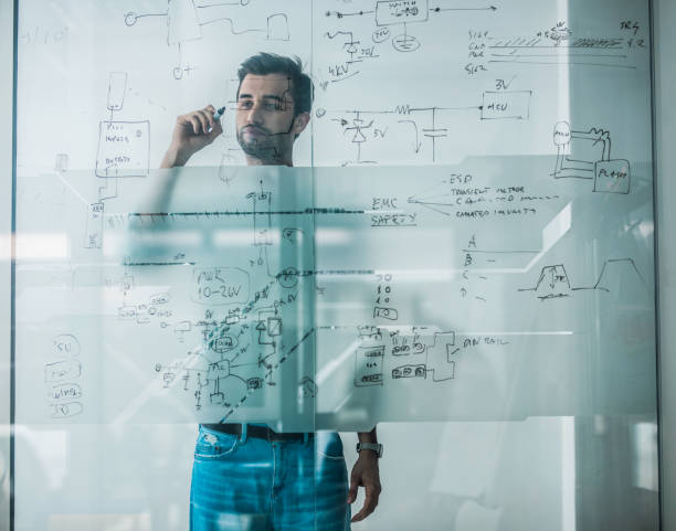 istock Male engineer making business plans while drawing a diagram on glass wall. 891979442