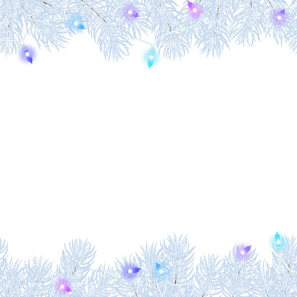 Seamless horizontal Christmas borders made of light blue spruce twigs and a glowing colored festive garland sprinkled with snow drawn by hand. Snow can be removed