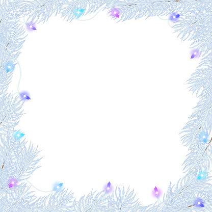 Christmas square frame of light blue fir branches with a multicolored luminous garland. Background for the holiday and congratulations