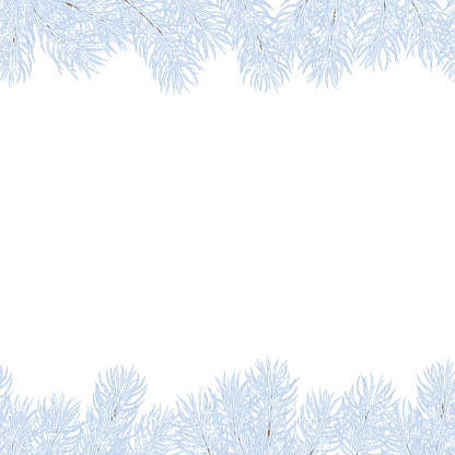 Christmas seamless borders of the light blue spruce branches and snowflakes. Winter background. Snow can be removed