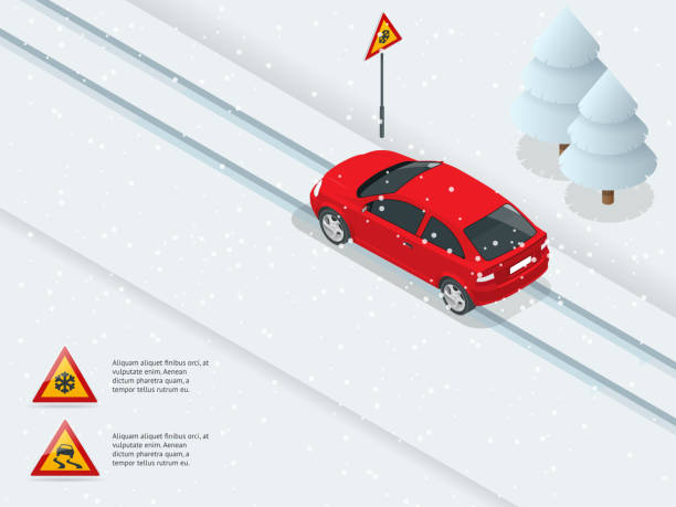 Isometric slippery, ice, winter, snow road and cars. Caution Snow. Winter Driving and road safety. Urban transport. Slippery, ice, winter, snow road and cars. Caution Snow. Winter Driving and road safety. Urban transport vector illustration snow road stock illustrations
