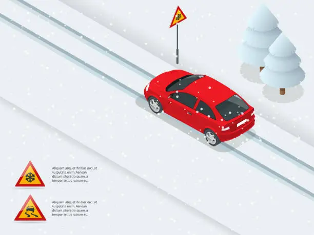 Vector illustration of Isometric slippery, ice, winter, snow road and cars. Caution Snow. Winter Driving and road safety. Urban transport.