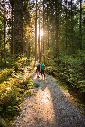 Mature father and teenaged daughter hiking through forest on Mt. Seymour Provincial Park, North Vancouver, British Columbia, Canada\n\n