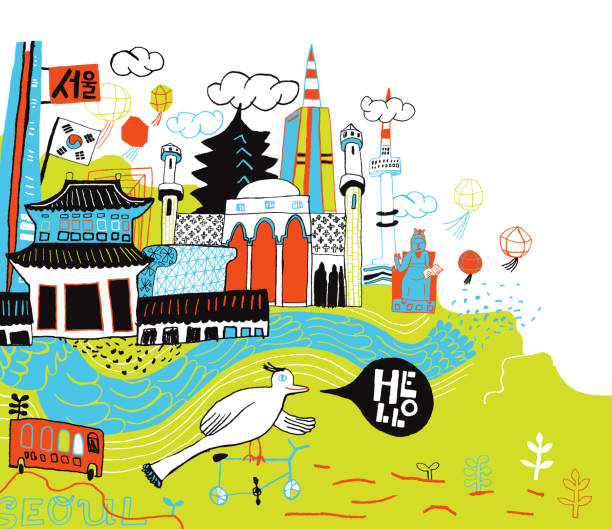 Seoul in South Korea hand drawn city Vector illustration of Seoul in South Korea seoul bus stock illustrations