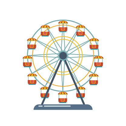 Children's entertainment playground, recreation park. Place for children's games. Funfair with ferris wheel. Amusement and carnival, carousel in park. Amusement park. Vector flat illustration.