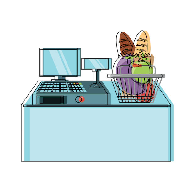 illustrations, cliparts, dessins animés et icônes de conception de caisse enregistreuse de supermarché - supermarket cash register checkout counter credit card