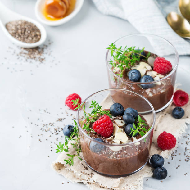 istock Healthy vegan chocolate chia pudding with berries and green thyme 892005680