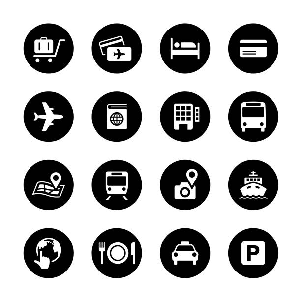 Travel Circle Icons Set An illustration of travel circle icons set for your web page, presentation, apps & design products. Black & white design and has a metal frame that makes it look dazzling. Vector format can be fully scalable & editable. hotel stock illustrations