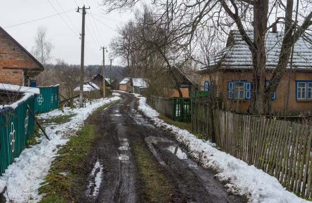 Late autumnal landscape with an empty street of rural village Pidstavky, Sumskaya oblast, Ukraine Late autumnal landscape with an empty street of rural village Pidstavky, Sumskaya oblast, Ukraine ukrainian village stock pictures, royalty-free photos & images