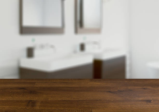 istock Scandinavian bathroom, classic  vintage interior design.  Empty wooden table. 892029592