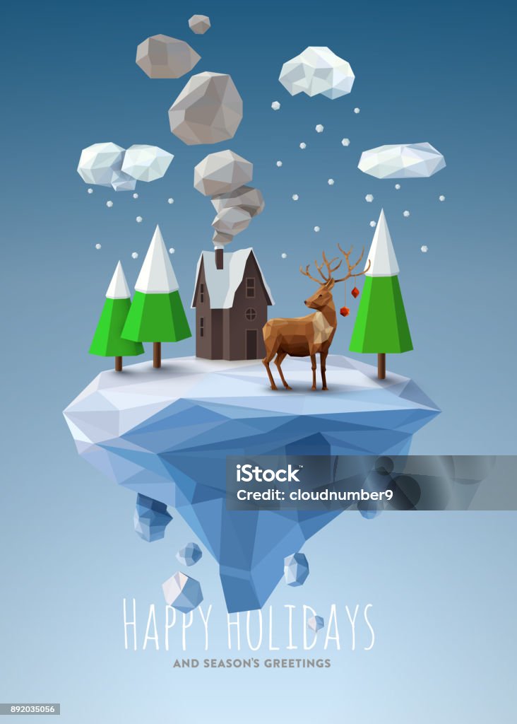 Geometric, low poly winter landscape Trees, clouds, snow, reindeer on floating frozen island Low-Poly-Modelling stock vector