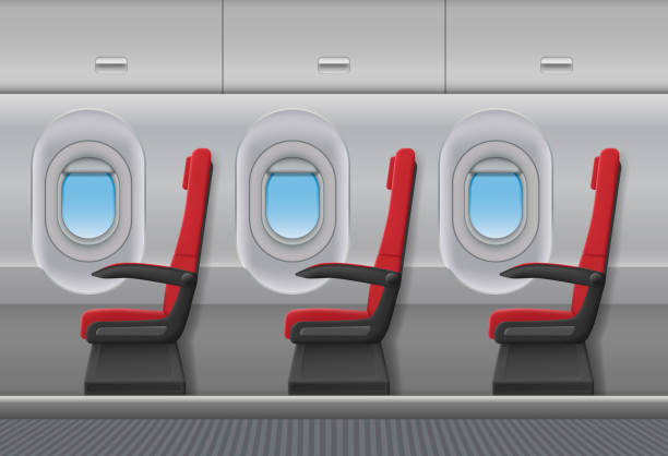 Passenger airplane red vector interior. Aircraft indoor cabin with portholes and chairs seats. Vector illustration Passenger airplane red vector interior. Aircraft indoor cabin with portholes and chairs seats. Vector illustration. EPS 10. airplane seat stock illustrations