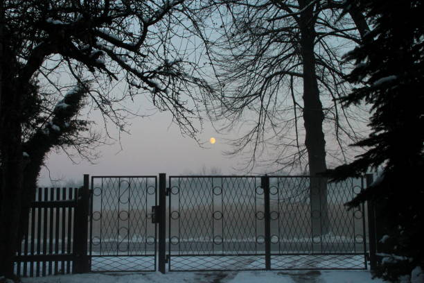 Foggy evening in December before the sunset in Polish countryside. Monn is nearly full.