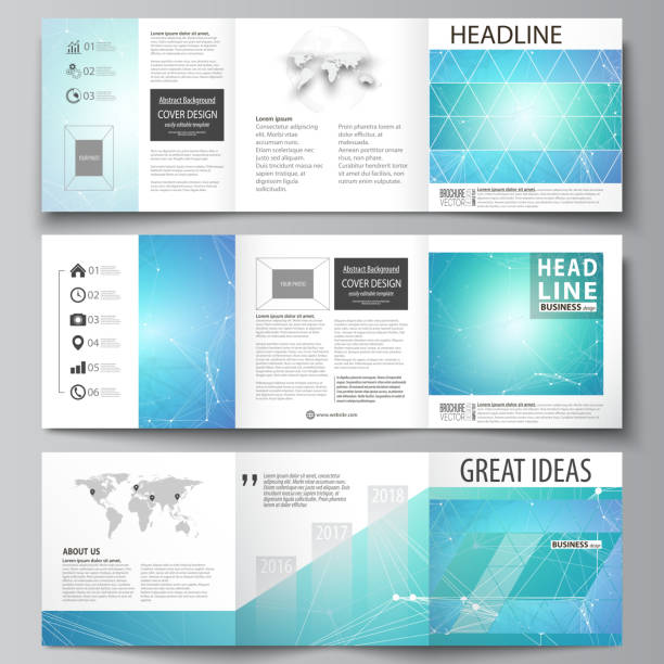 ilustrações de stock, clip art, desenhos animados e ícones de set of business templates for tri fold square design brochures. leaflet cover, vector layout. chemistry pattern, connecting lines and dots, molecule structure, medical dna research. medicine concept - 16315