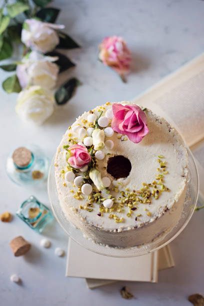 Chiffon cake with white chocolate glaze. Romantic mood