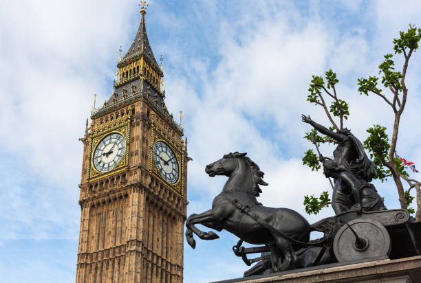 London City Skyline - Big Ben against Boadicea Statue Horse of Queen Boadicea's chariot rising up against the capital city's icon boadicea statue stock pictures, royalty-free photos & images