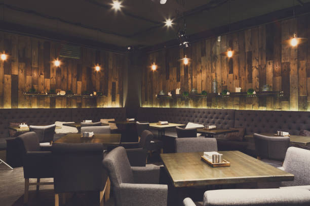 istock Cozy wooden interior of restaurant, copy space 892069272