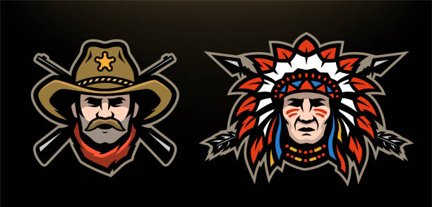 Head of cowboy and Indian on a dark background. Vector illustration. Head of cowboy and Indian on a dark background. apache culture stock illustrations