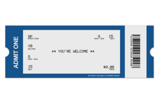 Illustration of event ticket, made with Photoshop. High resolution, isolated, close-up.