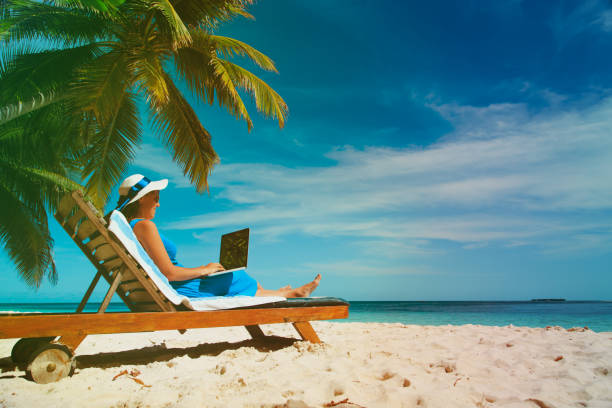 istock young woman with laptop on tropical beach 892077884