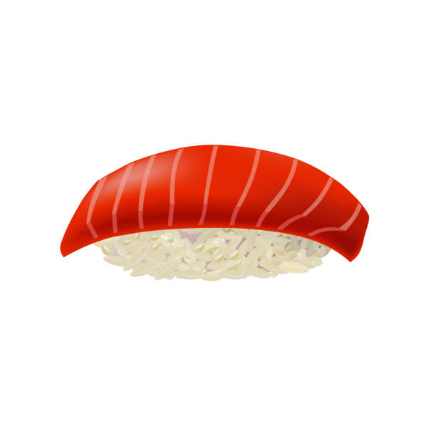 illustrazioni stock, clip art, cartoni animati e icone di tendenza di nigiri sushi al salmone - sushi nigiri white background red