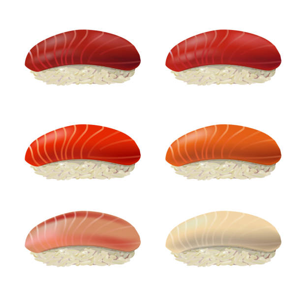 illustrazioni stock, clip art, cartoni animati e icone di tendenza di set di sushi nigiri - sushi nigiri white background red