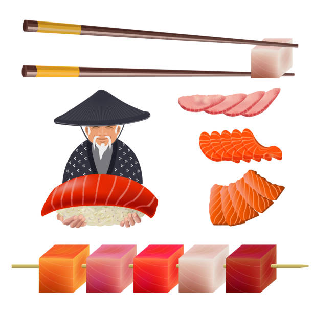 illustrazioni stock, clip art, cartoni animati e icone di tendenza di vettore set sushi - sushi nigiri white background red