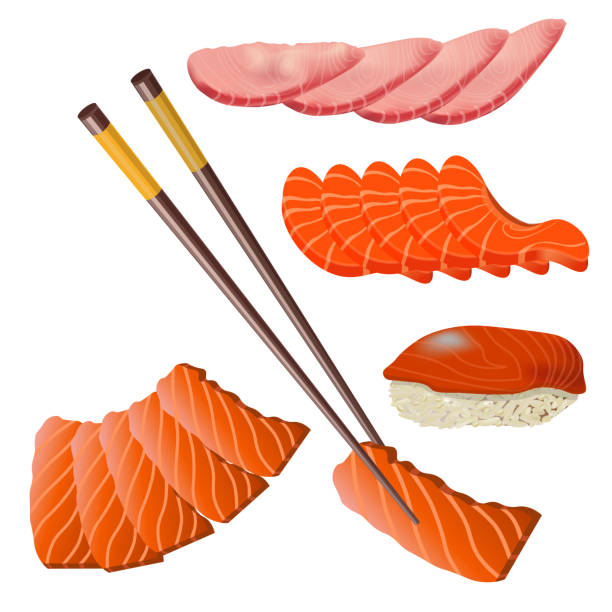 사시 미 세트 벡터 - sushi nigiri white background red stock illustrations