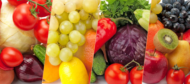 istock Panoramic collection fresh vegetables and fruits isolated on white . 892088320