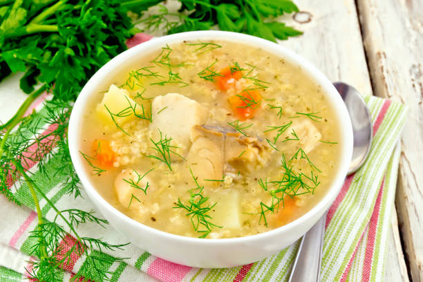 istock Soup fish with millet on white board 892088458