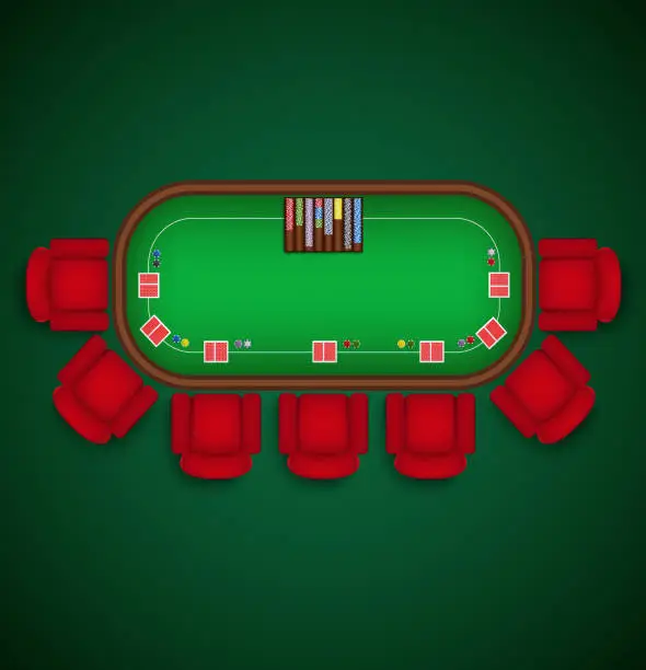 Vector illustration of Poker table with chairs and cards chips template