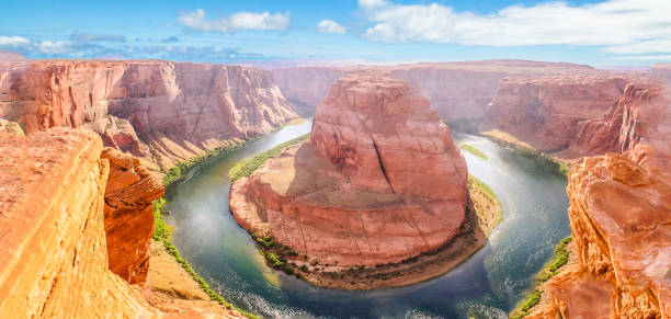 Horseshoe Bend aerial view Horseshoe Bend of Colorado River near Page town in Arizona, United States. Downstream from the Glen Canyon Dam and Lake Powell within Glen Canyon National recreation area, Grand Canyon at Lake Powell. glen canyon dam stock pictures, royalty-free photos & images