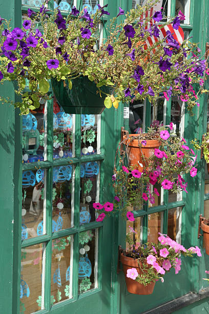 istock Shopfront with flowers in hanging pots 89209216