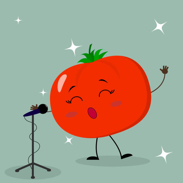 Cute tomato smiley in a cartoon style sings into the microphone. Cute tomato Smiley in a cartoon style sings into the microphone. Flat design, vector illustration. tomato face stock illustrations