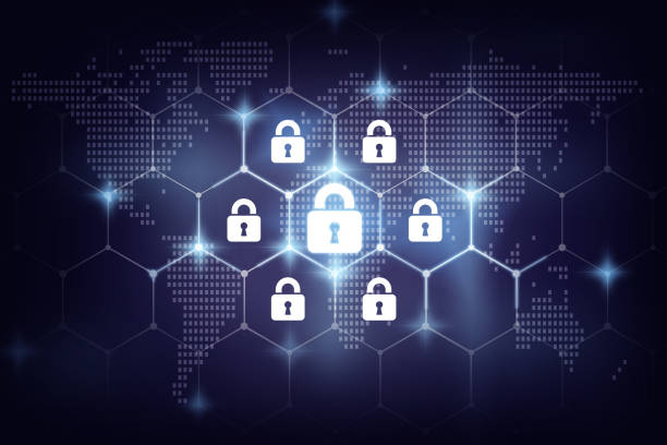 istock Security key lock icon digital display over the world map and Hexagon shape on dark blue background, business technology securities concept 892095910