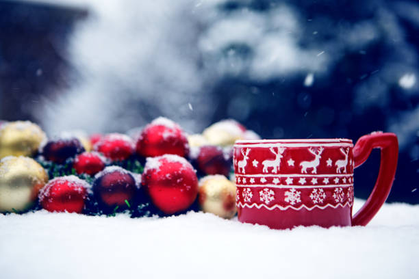 Christmas Winter Lights and decorations covered in snow