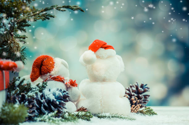 istock Christmas decoration on snow with Teddy bear and gift box. Copy space for text with bokeh blur background. 892108424