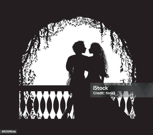Shakespeare S Play Romeo And Juliet On Balcony Romantic Date Silhouette Love Story Stock Illustration - Download Image Now